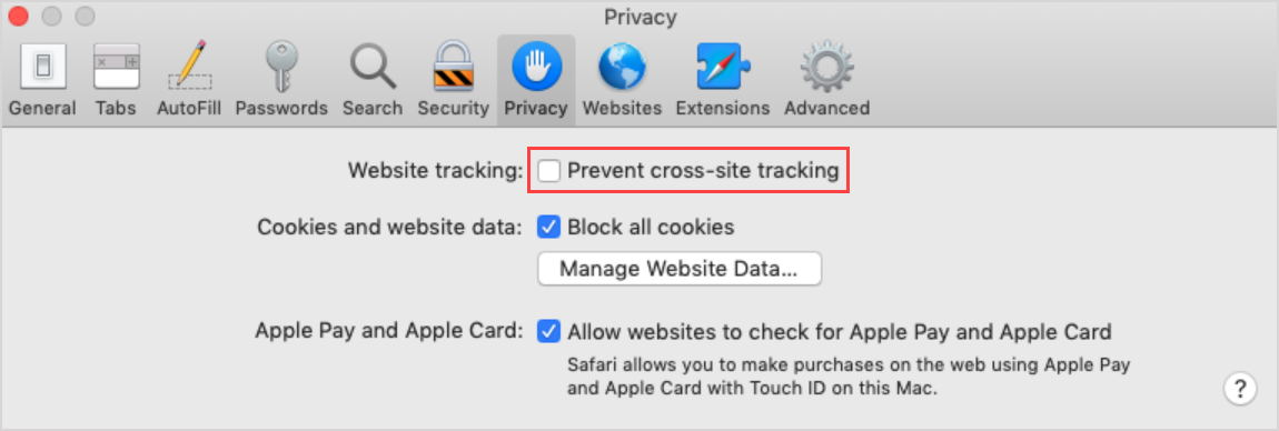 The first Safari privacy option check box of "Prevent cross-site tracking" should be disabled.